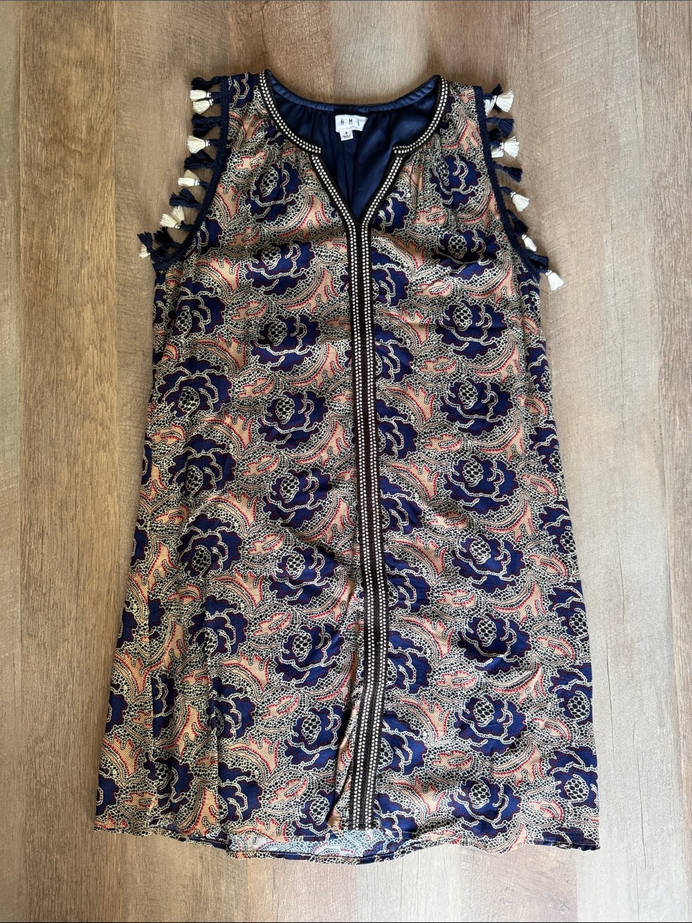 THML Women’s Navy Blue Patterned Tassel-Trim Dress Small